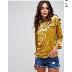 Gold crushed velvet high neck top w ruffles